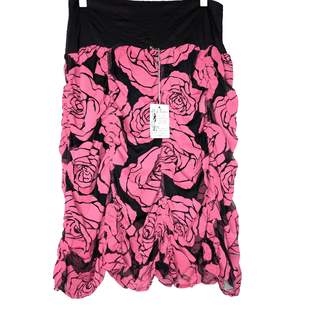 Rare VTG Y2K Black Sheer Ruched Pink Rose Print Whimsigoth Dark Fairy Mesh Skirt